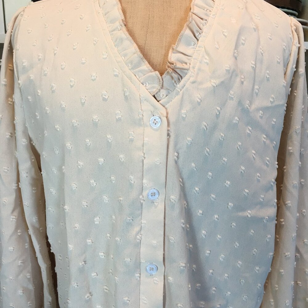 Women's Blouse Sz M Chiffon Swiss Dot in Cream Long Sleeve V Neck Ruffle NWT